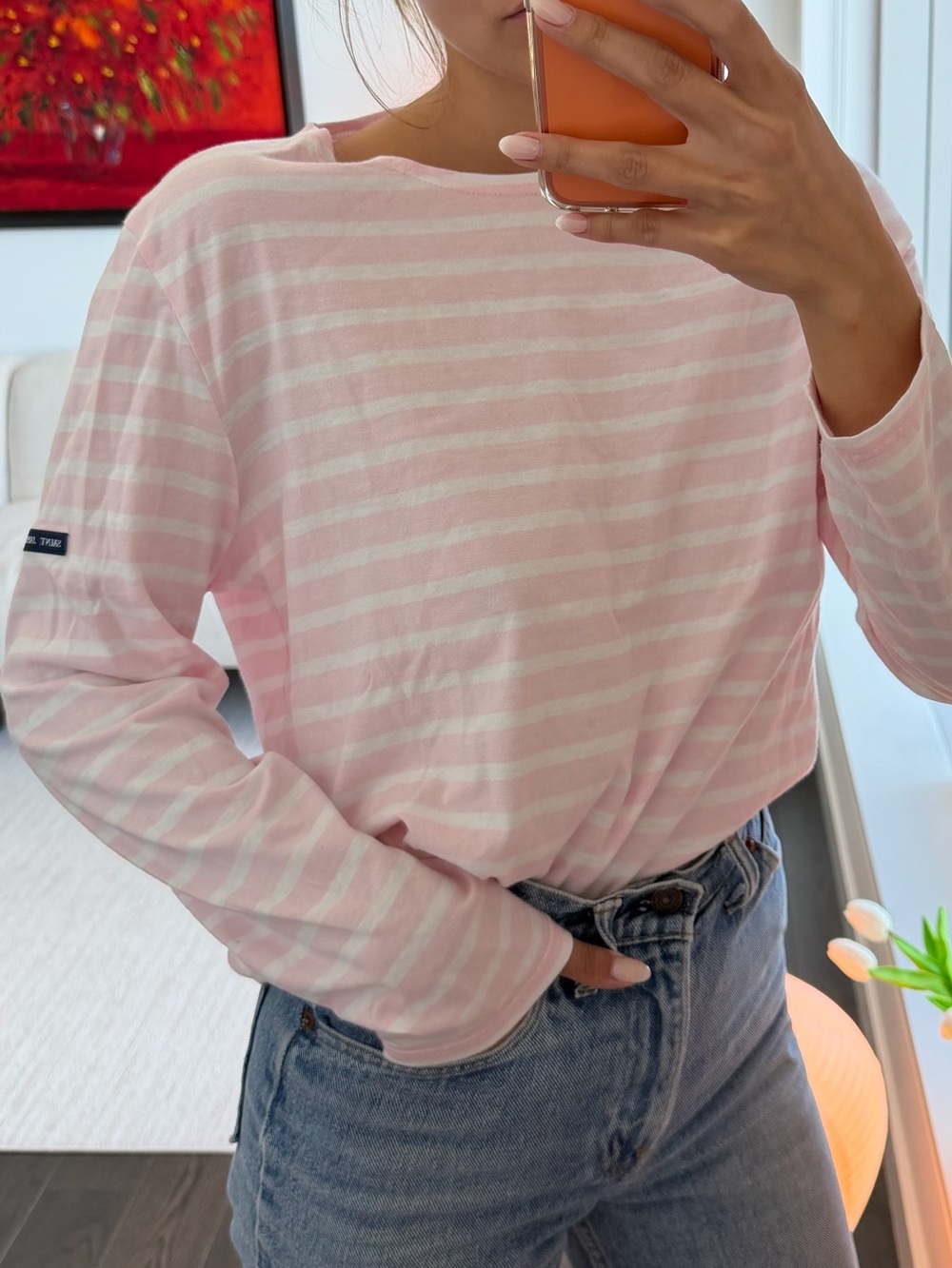 Saint James L’Atelier Pink & White Breton Stripe Long Sleeve Shirt